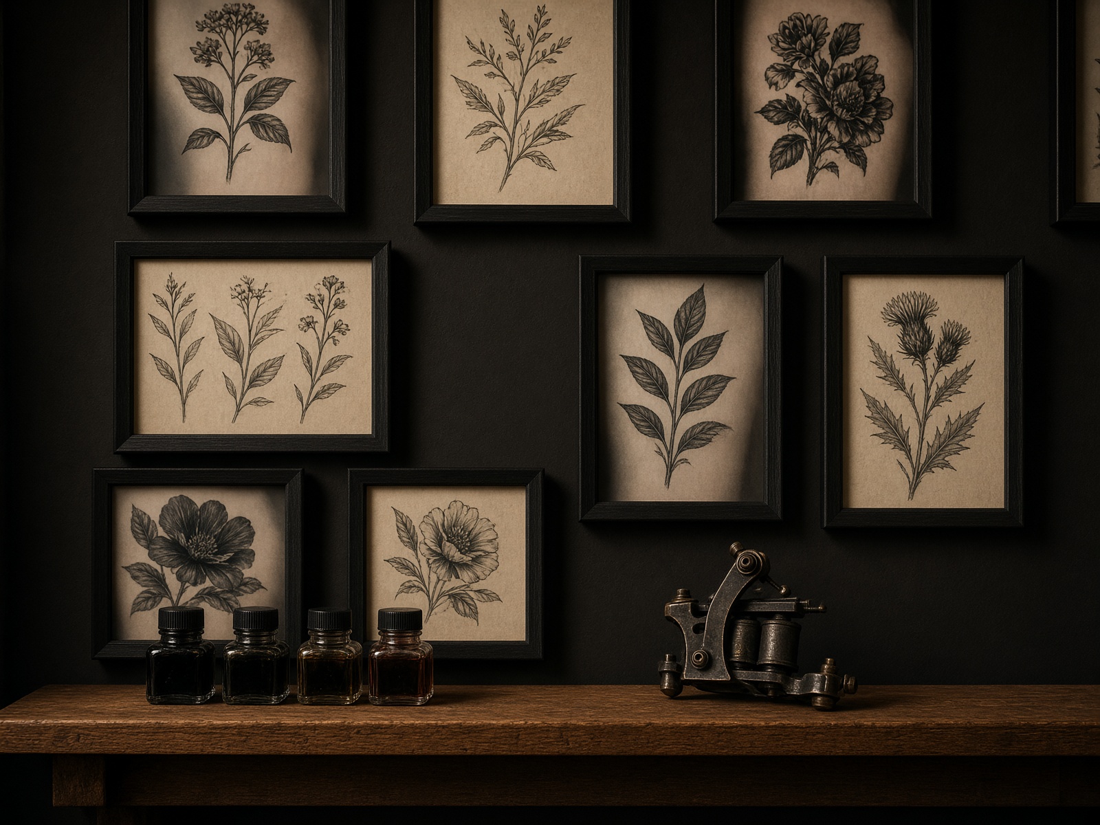 Studio wall of framed healed work and botanical flash above ink bottles
