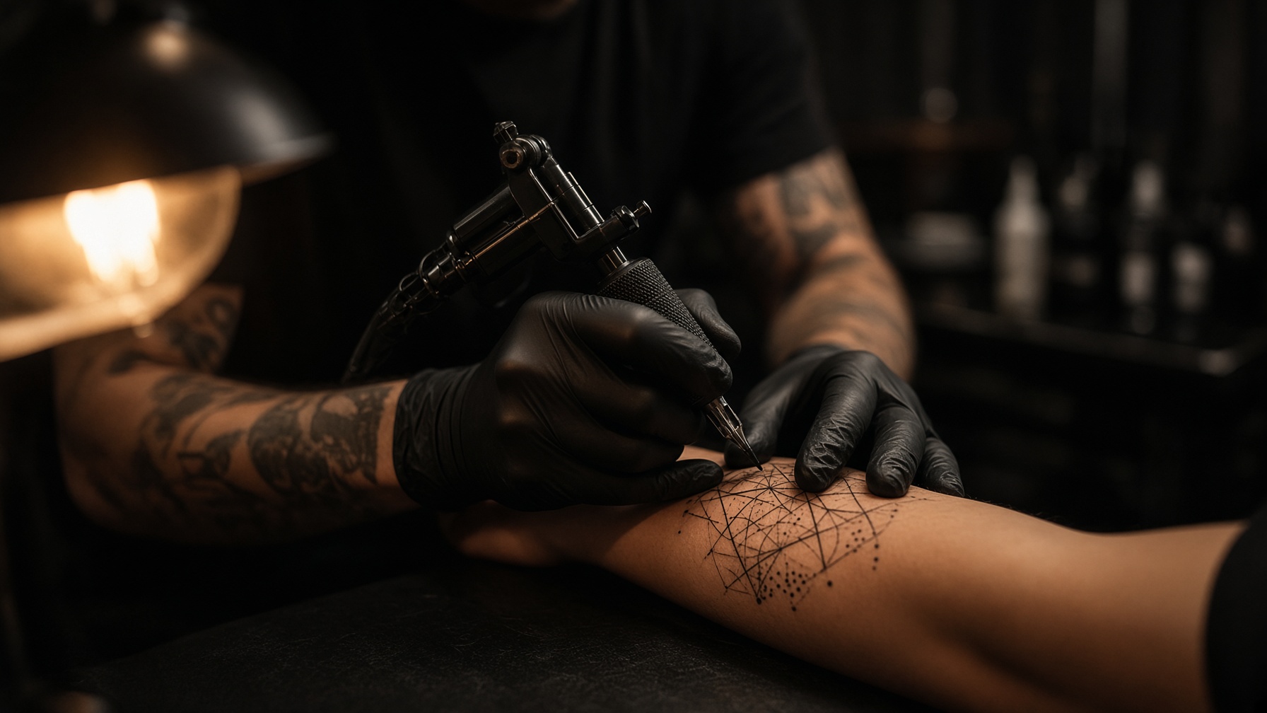 Tattoo artist inking a blackwork pattern on a client’s forearm in a dim studio