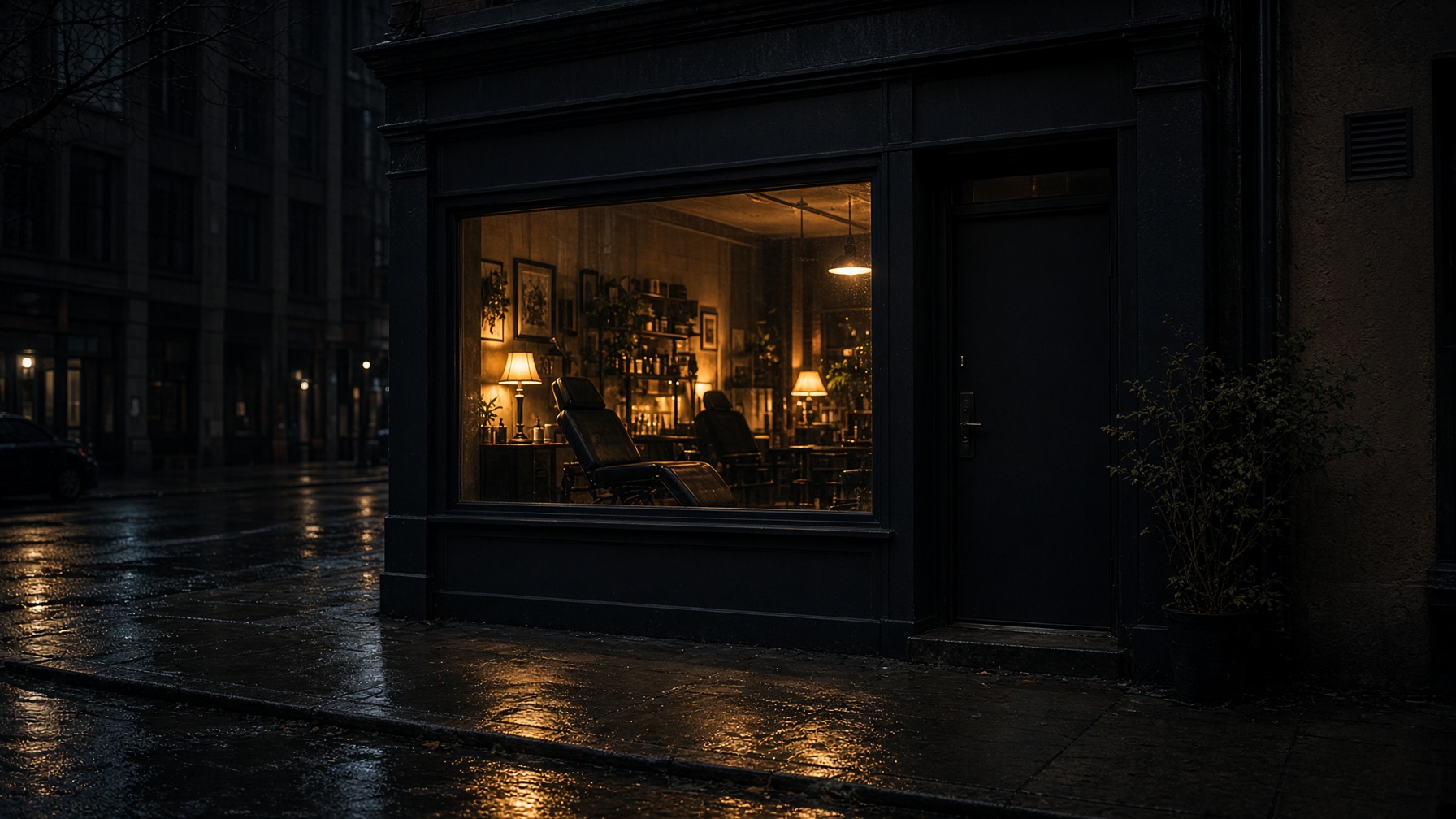 Tattoo shop storefront glowing at night on a wet city street