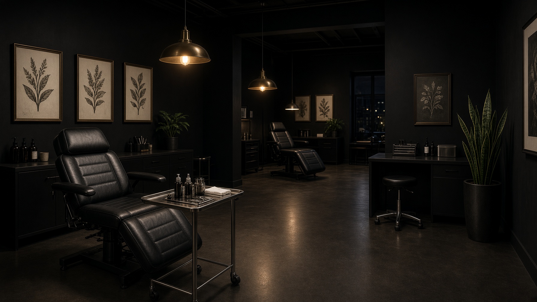 Quiet high-end tattoo studio at night, leather chairs and warm lamps
